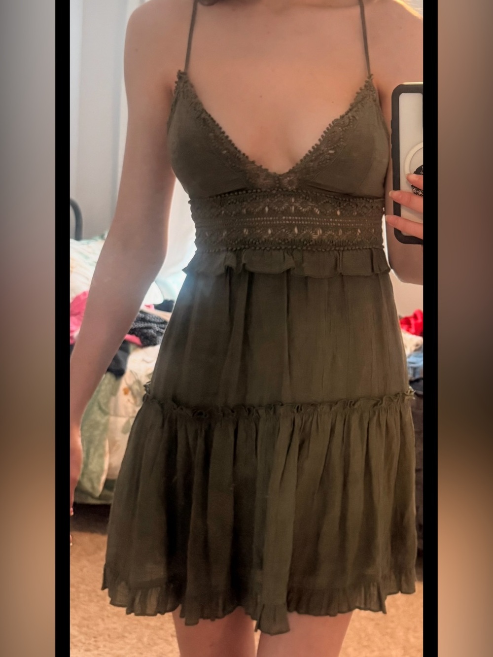 B Darlin Olive Green Lace-Trim Spaghetti Strap Dress